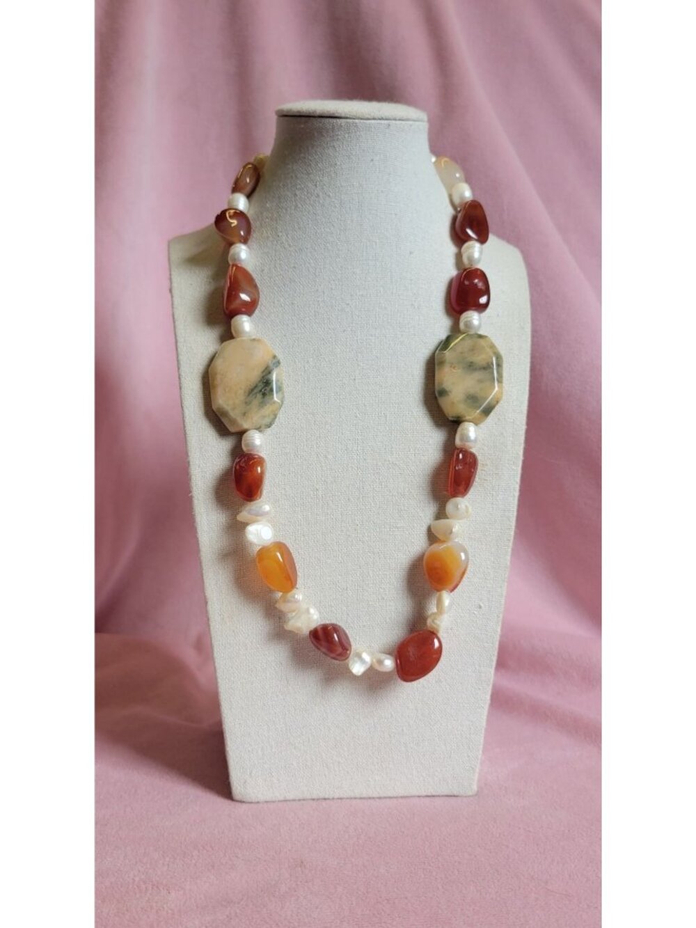 Carnelian Pearl Jasper Stone Elegant Orange Red Statement beaded Necklace N1A